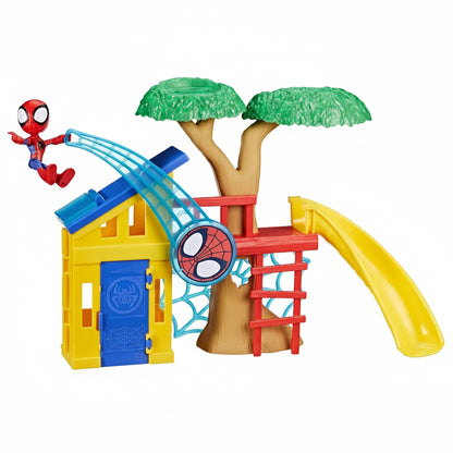 Confezione del playset Spidey Playground con scivolo, albero e struttura a tema della serie Spidey and His Amazing Friends marca Hasbro