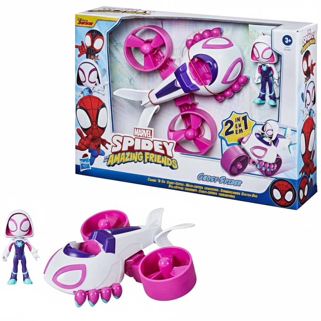 Confezione e contenuto del set Ghost-Spider Transformable Vehicle 2 in 1 con veicolo e action figure marca Hasbro con licenza Marvel Spidey