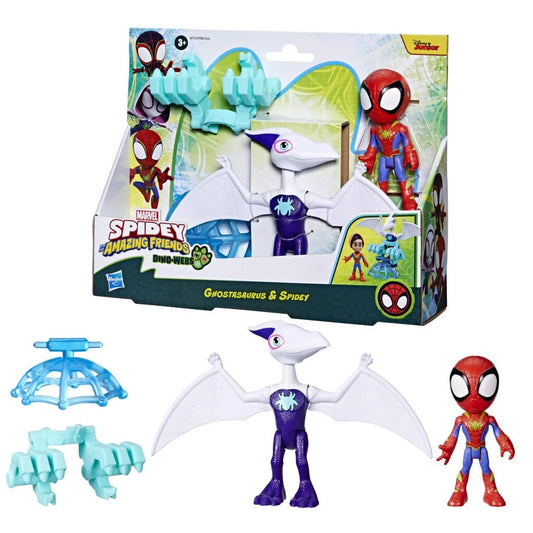 Confezione e contenuto del set Ghostasaurus & Spidey Dino-Webs con action figure, dinosauro e accessori ragnatela marca Hasbro con licenza Marvel