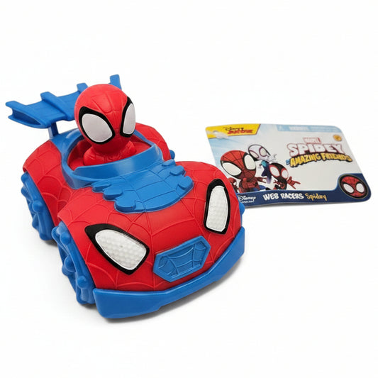 Macchinina giocattolo Web Racers Spidey con personaggio alla guida e cartellino descrittivo della serie Spidey and His Amazing Friends