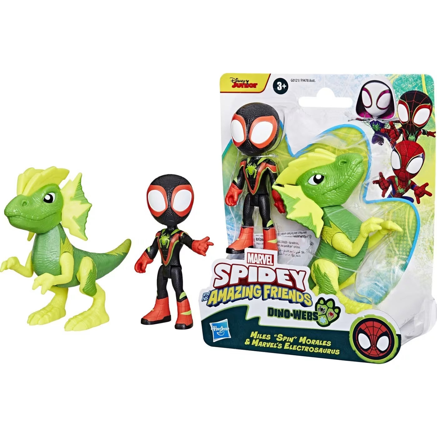 Confezione e contenuto del set Miles "Spin" Morales & Marvel's Electrosaurus Dino-Webs con action figure e dinosauro marca Hasbro con licenza Marvel
