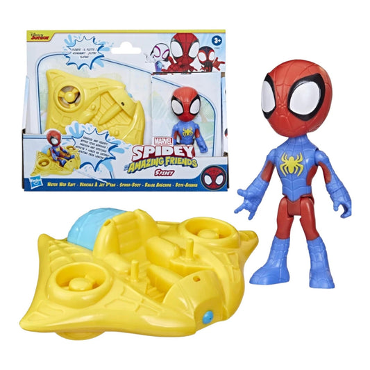 Confezione, action figure di Spidey e gommone galleggiante Water Web Raft della serie Spidey and His Amazing Friends marca Hasbro