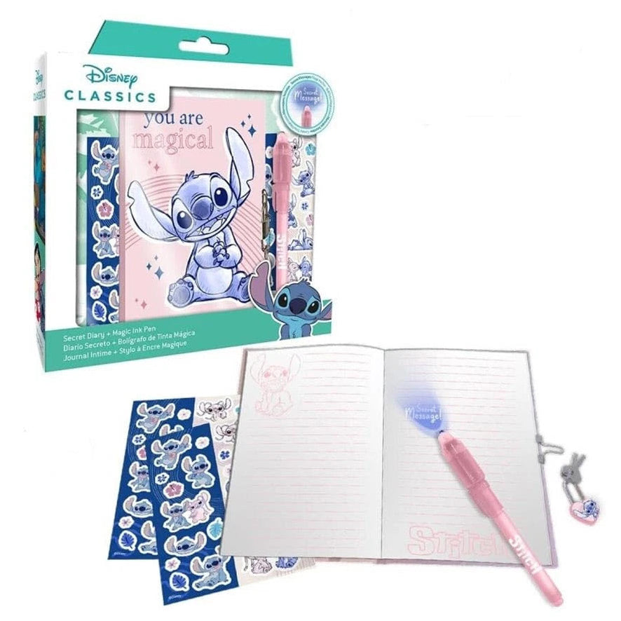 Set diario segreto Disney Stitch con penna a inchiostro magico, lucchetto a cuore e fogli di adesivi su sfondo bianco