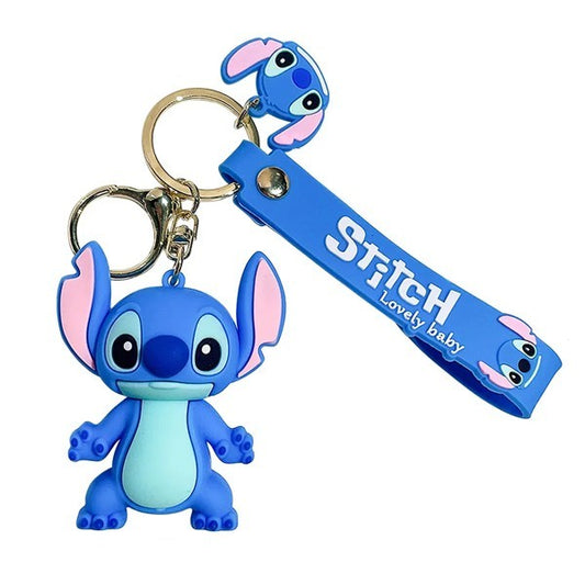 Portachiavi 3D Disney Stitch in silicone blu con figura del personaggio, anello metallico e cordino con scritta "Lovely Baby" su sfondo bianco