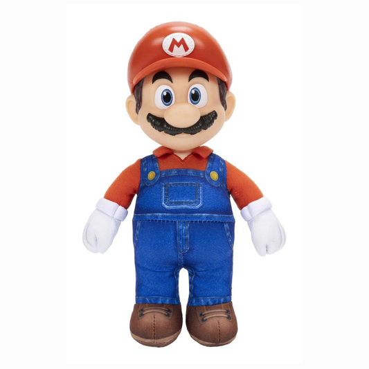 Peluche action figure di Super Mario con testa dettagliata, cappello rosso e salopette blu su sfondo bianco