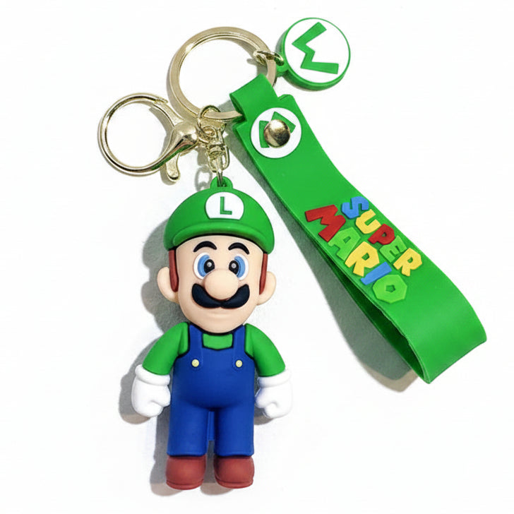 Portachiavi 3D di Luigi da Super Mario in silicone verde e blu con figura del personaggio e cordino con scritta Super Mario su sfondo bianco