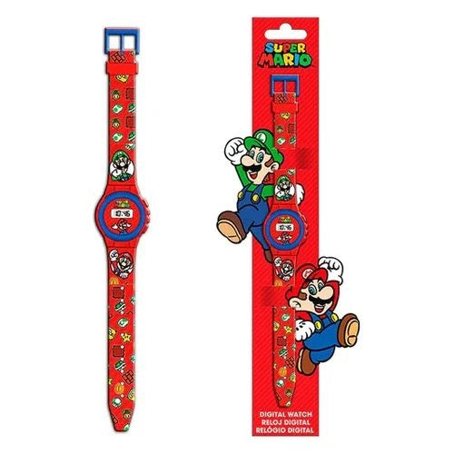 Confezione e dettaglio di un orologio digitale Super Mario rosso e blu con cinturino decorato con i personaggi del videogioco su sfondo bianco