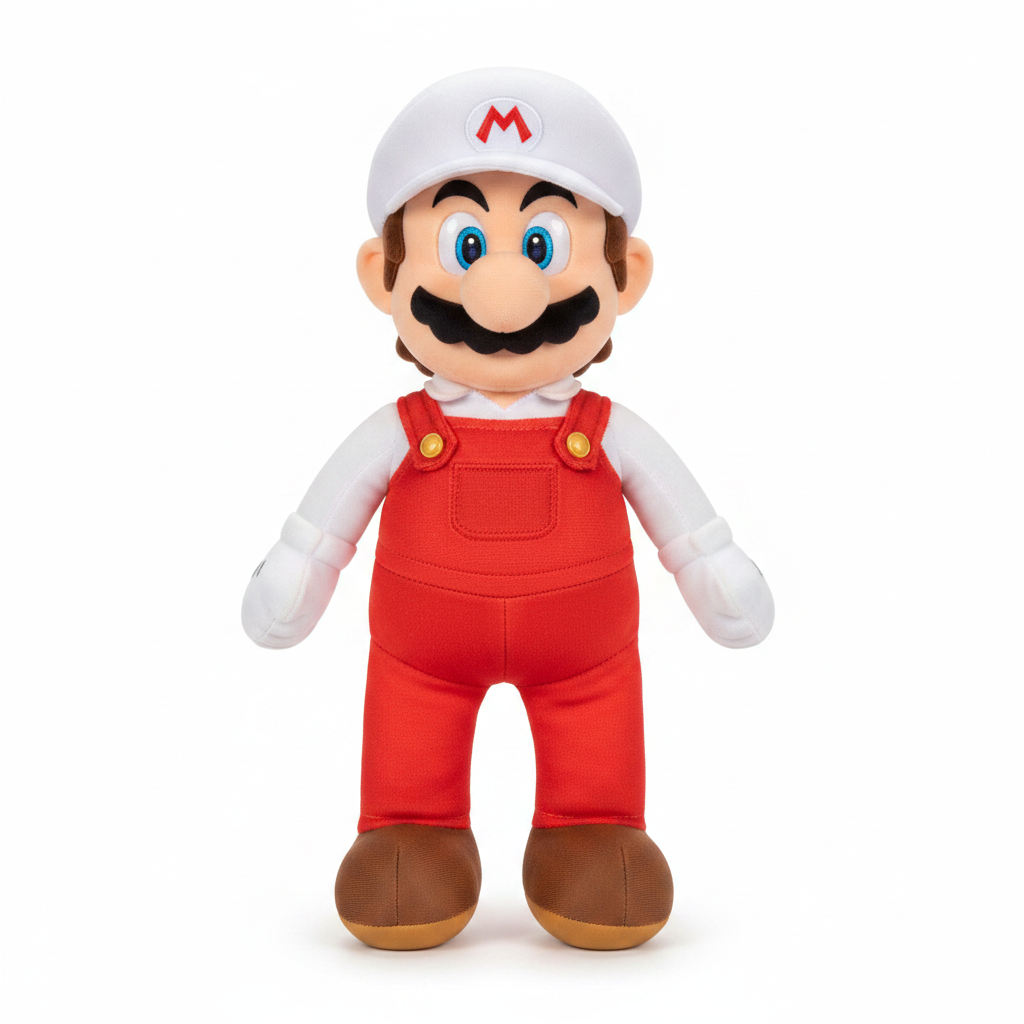 Confezione e peluche action figure di Super Mario Galaxy con cappello e tuta rossa e bianca all'interno della scatola espositiva a tema spaziale