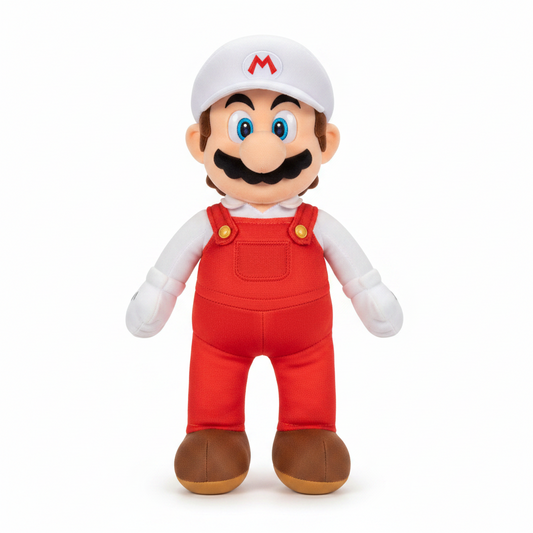 Confezione e peluche action figure di Super Mario Galaxy con cappello e tuta rossa e bianca all'interno della scatola espositiva a tema spaziale