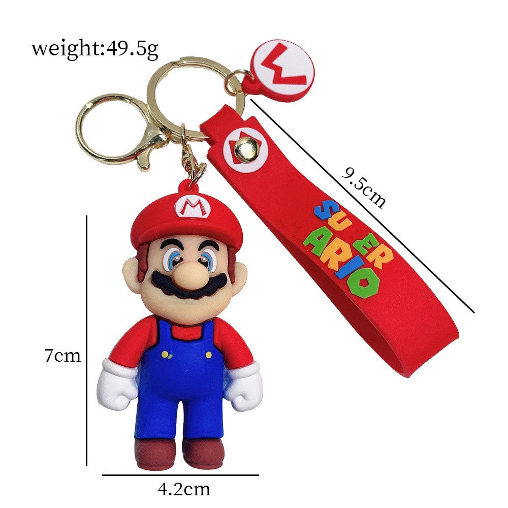 Portachiavi 3D di Super Mario in silicone rosso e blu con figura del personaggio, cordino e indicazioni di dimensioni su sfondo bianco