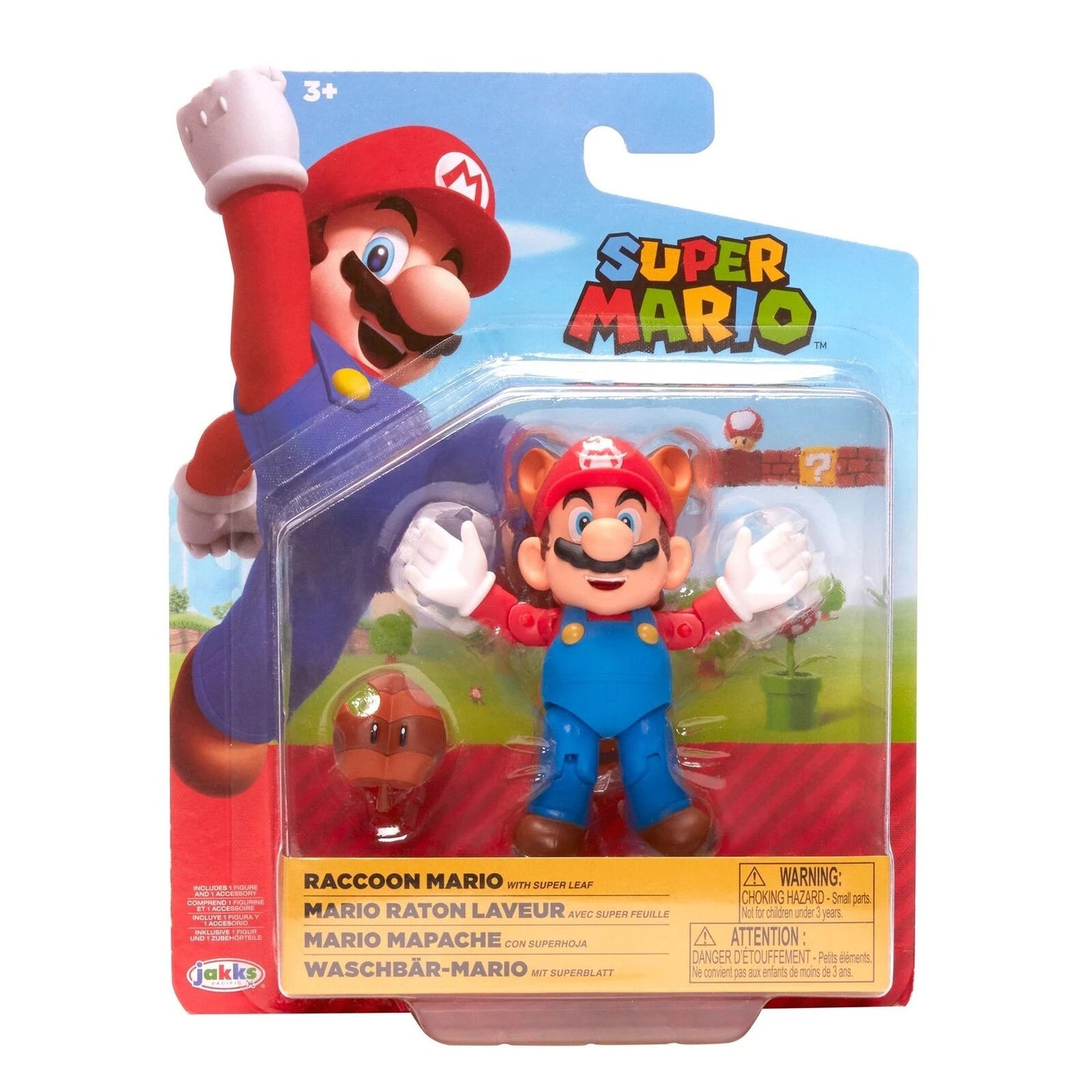 Confezione dell'action figure Raccoon Mario con Super Leaf e accessorio della serie Super Mario marca Jakks Pacific