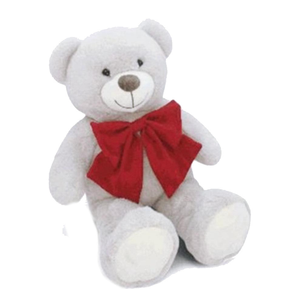 Orsacchiotto di peluche grigio chiaro e soffice con zampe bianche e un grande fiocco rosso brillante al collo su sfondo bianco