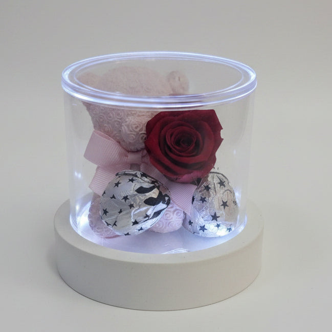 Cofanetto cilindico in acrilico trasparente su base luminosa bianca contenente un orsetto rosa, una rosa stabilizzata rossa e cioccolatini incartati su sfondo bianco