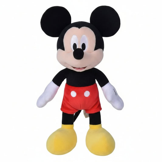 Peluche morbido di Disney Topolino in piedi con pantaloncini rossi a bottoni bianchi, guanti bianchi e scarpe gialle