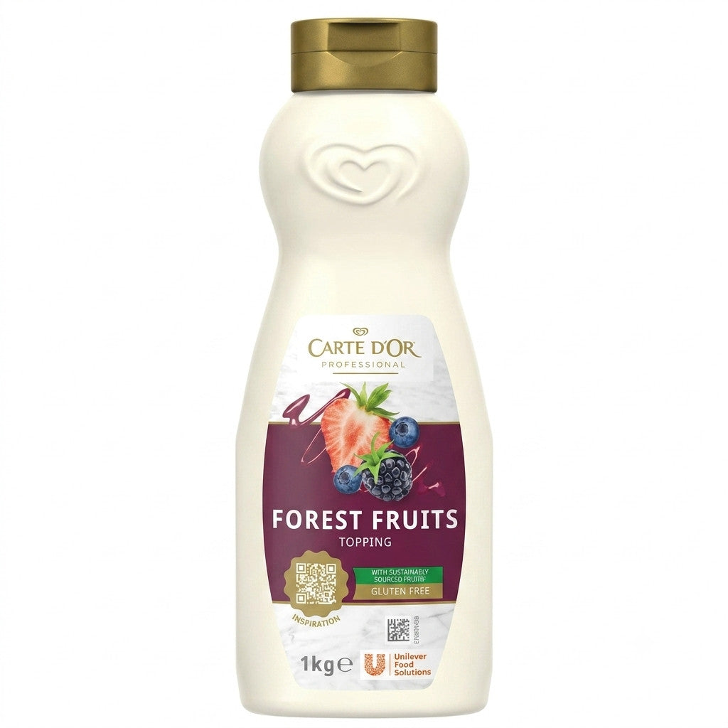 Flacone bianco di Topping Frutti di Bosco Carte d'Or Professional da 1kg con tappo dorato e etichetta viola con fragola e mirtilli su sfondo bianco