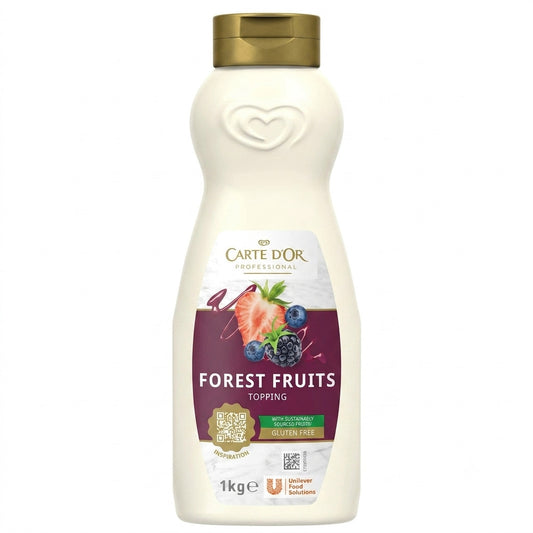 Flacone bianco di Topping Frutti di Bosco Carte d'Or Professional da 1kg con tappo dorato e etichetta viola con fragola e mirtilli su sfondo bianco