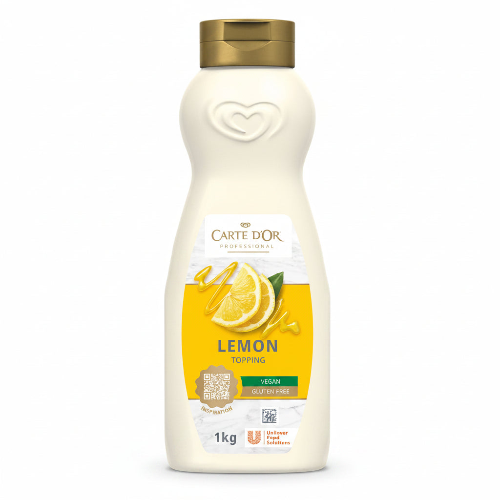 Bottiglia da 1 kg di Topping al Limone Carte d'Or Professional con etichetta gialla e bianca con limoni su sfondo bianco