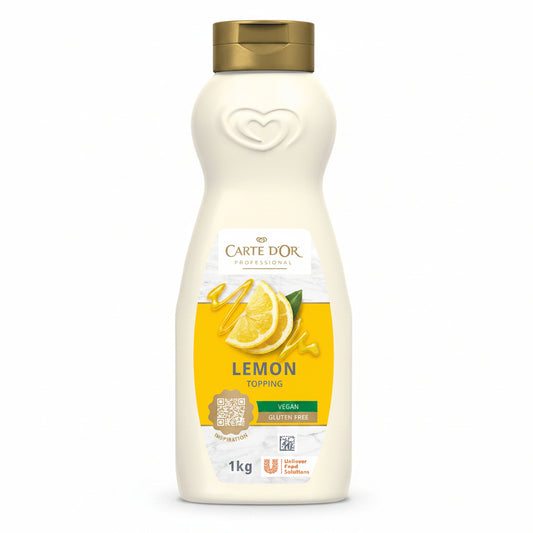 Bottiglia da 1 kg di Topping al Limone Carte d'Or Professional con etichetta gialla e bianca con limoni su sfondo bianco
