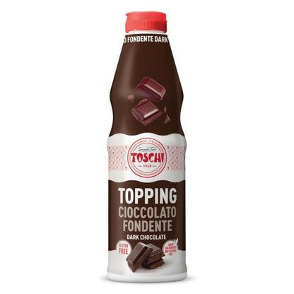 Flacone marrone e bianco di Topping Cioccolato Fondente Toschi con tappo rosso, tavolette di cioccolato fondente su sfondo bianco