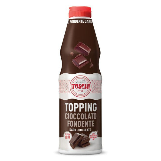 Flacone marrone e bianco di Topping Cioccolato Fondente Toschi con tappo rosso, tavolette di cioccolato fondente su sfondo bianco