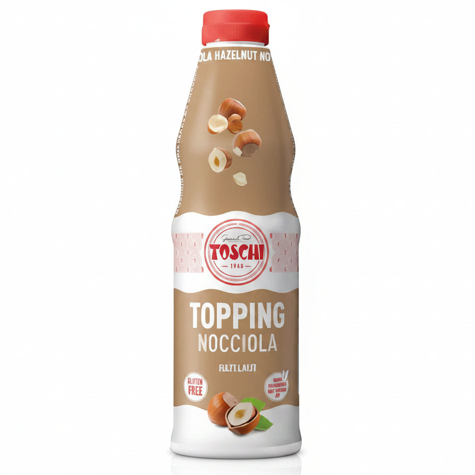 Flacone beige e bianco di Topping Nocciola Toschi con tappo rosso, nocciole intere e sbucciate su sfondo bianco