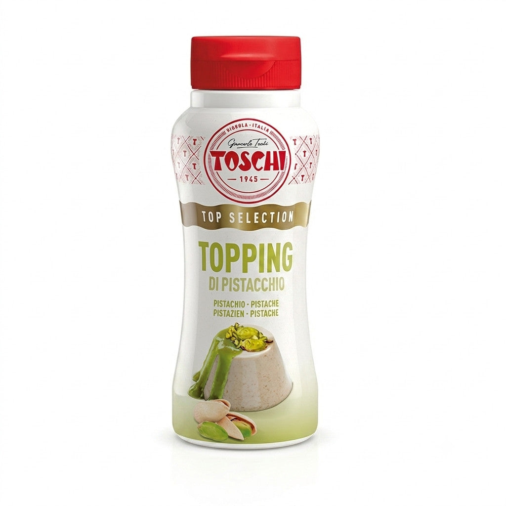 Flacone bianco e verde chiaro di Topping Top Selection di Pistacchio Toschi con tappo rosso, dessert guarnito e pistacchi su sfondo bianco