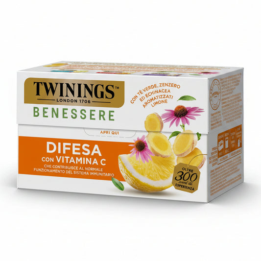 Twinings Benessere Difesa con Vitamina C - Infuso con Tè Verde, Zenzero ed Echinacea Aromatizzati Limone