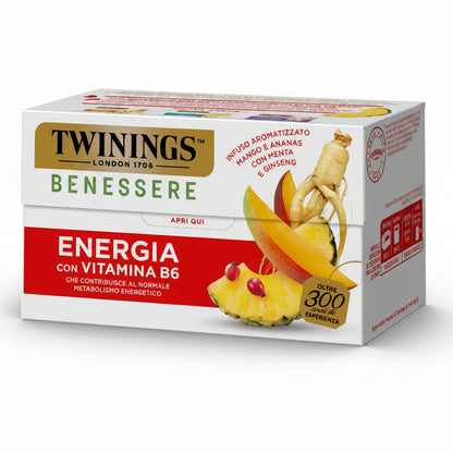 Twinings Benessere Energia con Vitamina B6 - Infuso Aromatizzato Mango, Ananas, Menta e Ginseng
