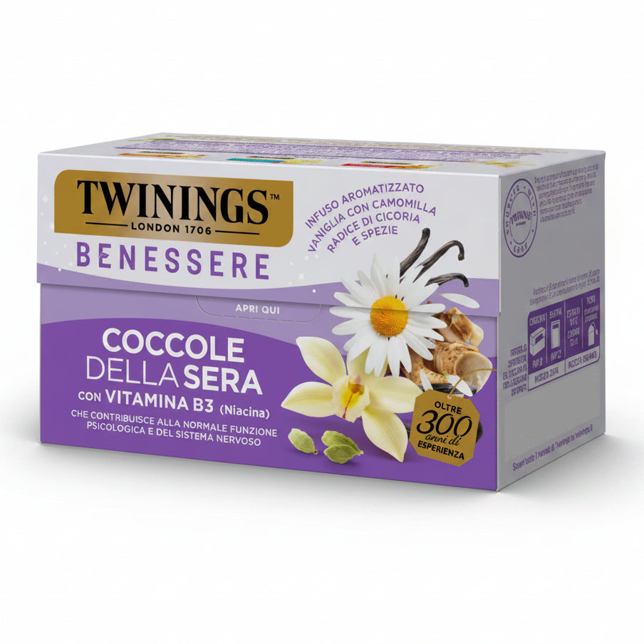 Twinings Benessere Coccole della Sera con Vitamina B3 - Infuso Aromatizzato Vaniglia, Camomilla, Radice di Cicoria e Spezie