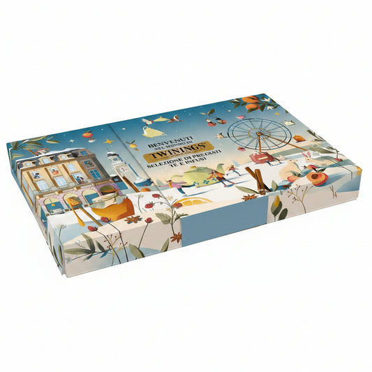 Confezione regalo Twinings con illustrazione invernale e festiva contenente una selezione di pregiati tè e infusi su sfondo bianco