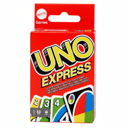 Confezione rossa del gioco di carte UNO Express di Mattel Games con le carte colorate in evidenza