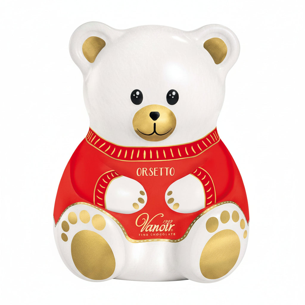 Confezione sagomata a forma di orsetto bianco Vanoir con maglione rosso, dettagli dorati e zampe decorate su sfondo bianco