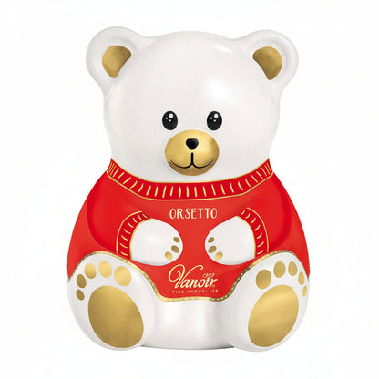 Confezione sagomata a forma di orsetto bianco Vanoir con maglione rosso, dettagli dorati e zampe decorate su sfondo bianco