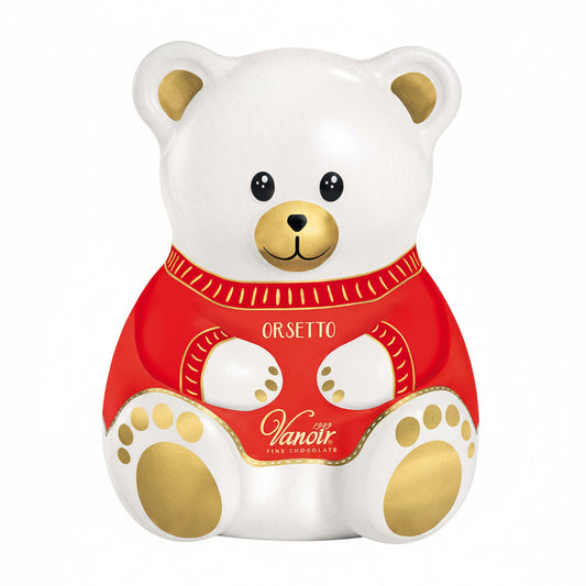 Confezione sagomata a forma di orsetto bianco Vanoir con maglione rosso, dettagli dorati e zampe decorate su sfondo bianco
