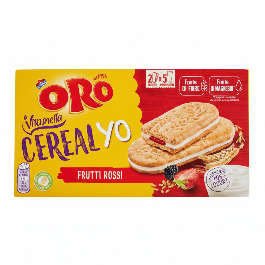 Oro Vitasnella Cereal Yo Frutti Rossi - Biscotti Ripieni con Yogurt - Confezione Scorta 20x5 Biscotti Monoporzione