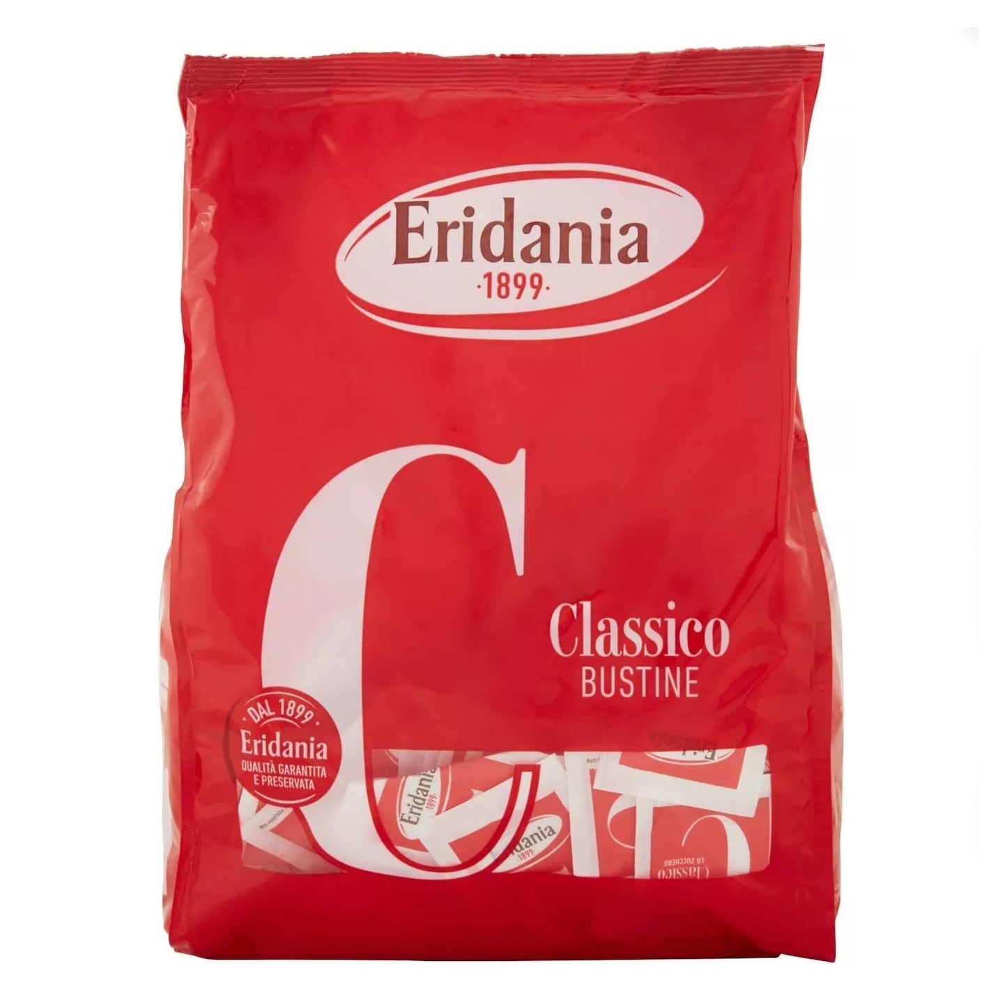 Confezione rossa di Zucchero Classico Eridania in bustine monodose con la caratteristica lettera C bianca su sfondo bianco