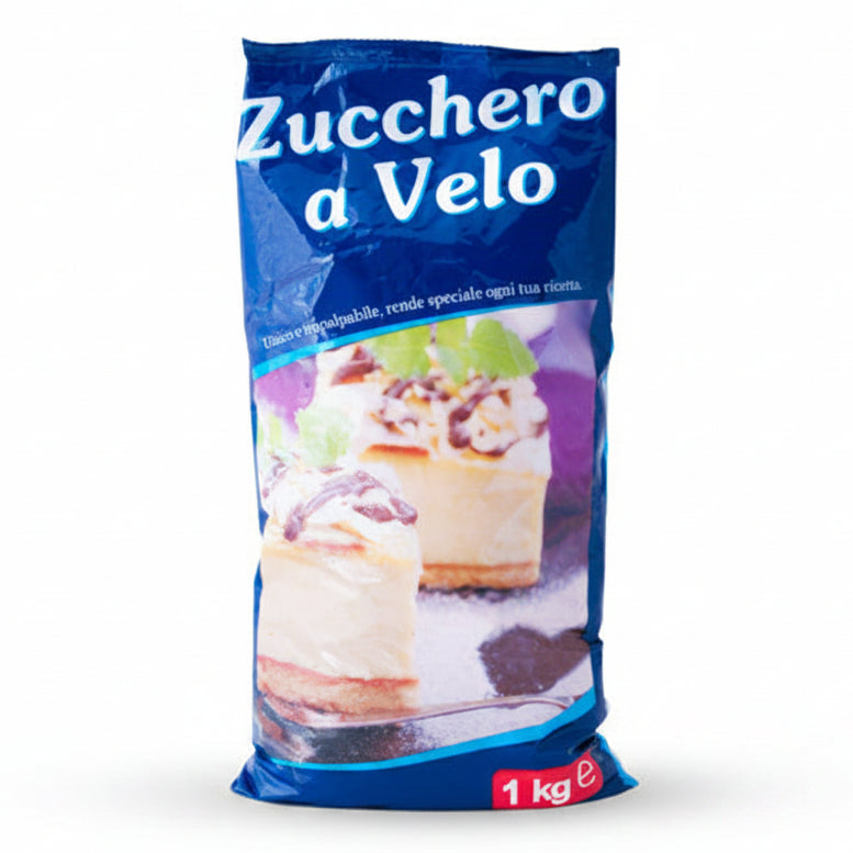 Confezione blu di Zucchero a Velo da 1kg con immagine di dolci decorati in primo piano su sfondo bianco