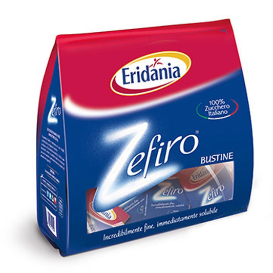 Confezione di zucchero Zefiro Eridania in bustine monodose con grafica blu e rossa su sfondo bianco